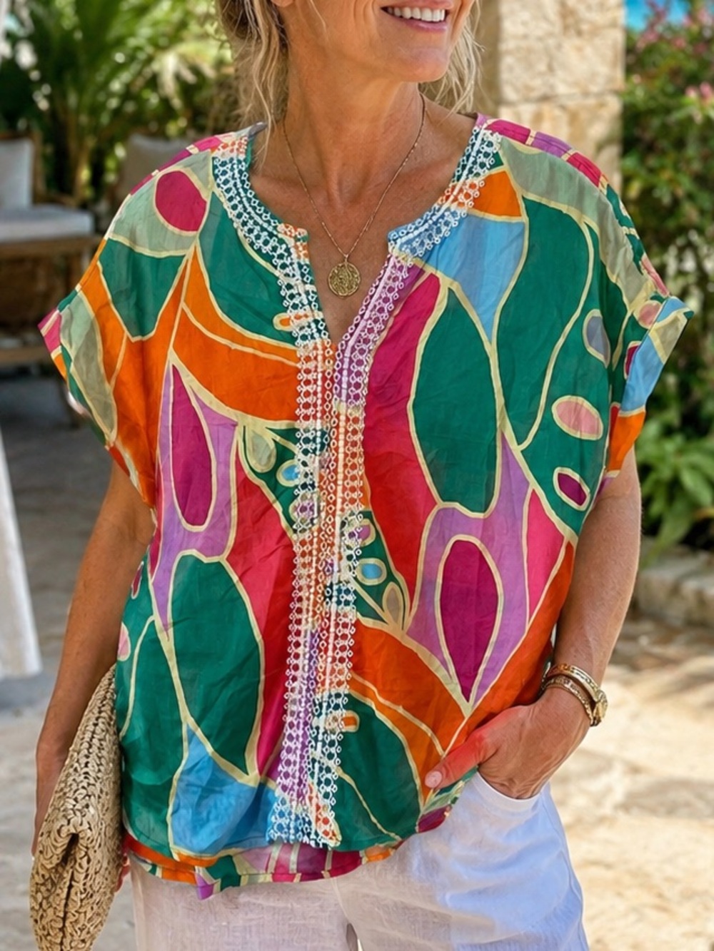 Christian Siriano New York Colorful Abstract Embroidered Blouse Top M